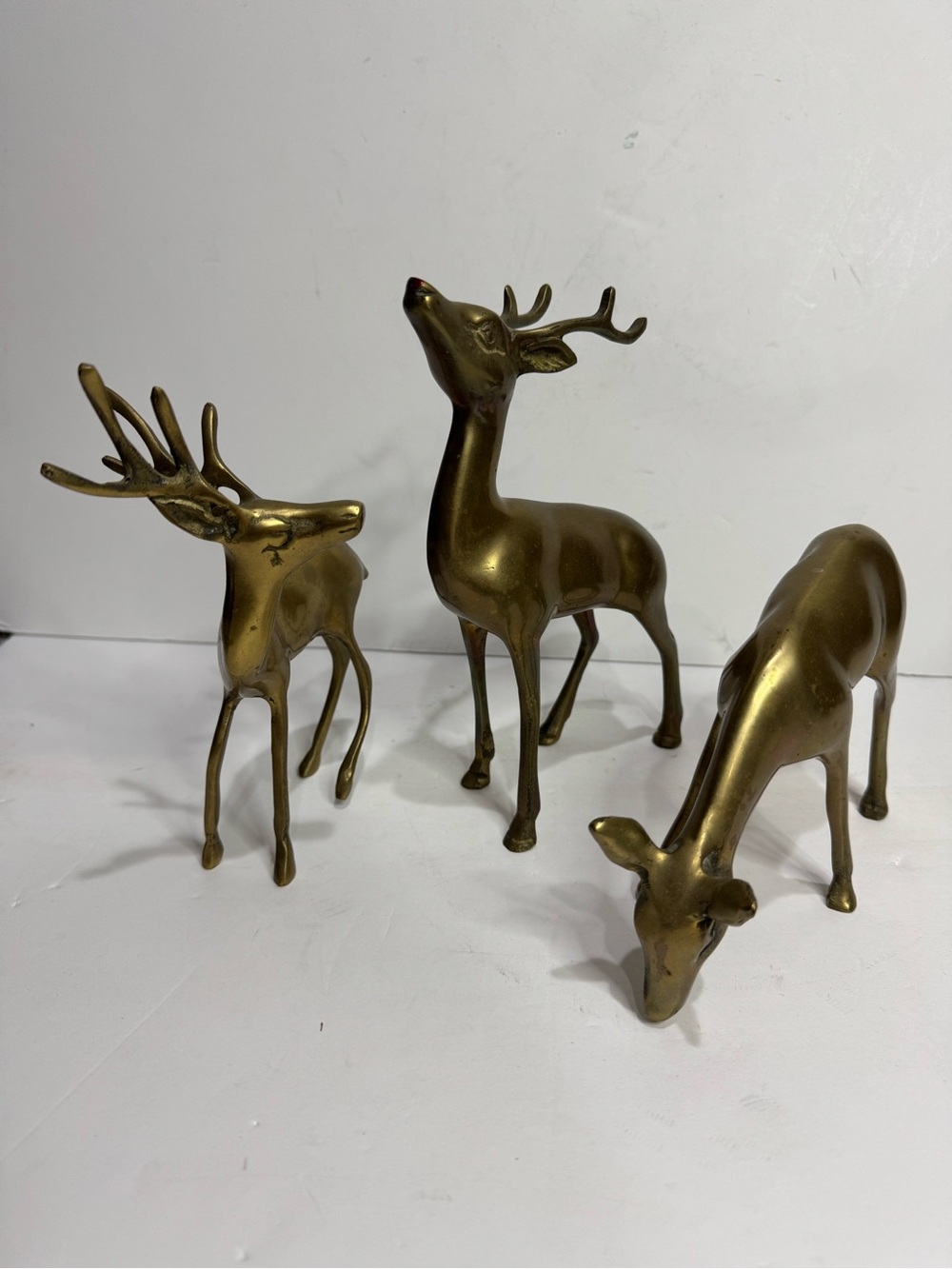 Vintage Solid Brass Deer Reindeer Figurine Trio Set Mid-Century